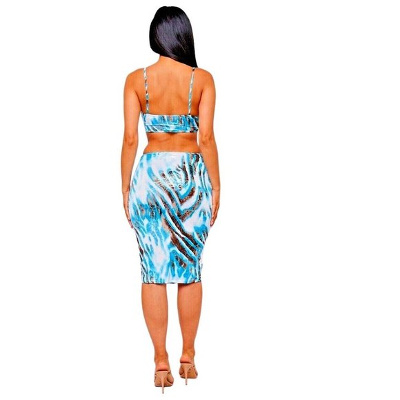 NWT Midi Dress Sky Blue Tiger Striped Spaghetti Strap Cut Out Bodycon - Picture 3 of 4